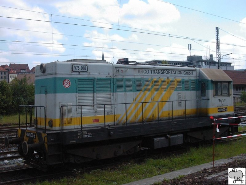 Lok 4070.02-5 (Ex KEG 0702), eine 1962 von CKD unter der Fabriknummer 5698 hergestellte V 75,  abgestellt am 12 August 2007 im Kronacher Bahnhof.