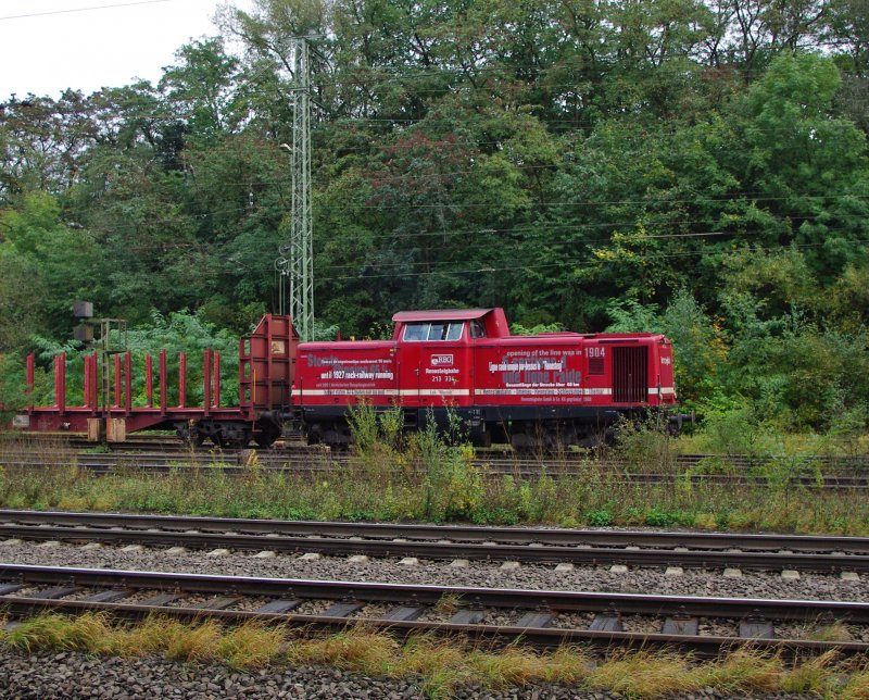 Lok  Marion  die 213 334 der Rennsteigbahn mit ein paar Holztransportwagen durch Eichenberg in Fahrtrichtung Kassel. Aufgenommen am 06.10.2009.