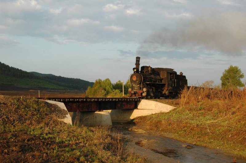 Lokomotive der Huanan Waldbahn (762mm) berquert Brcke bei Tuoyaozi.