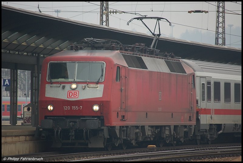 Lokportrait der 120 155-7, welche am 08.03.08 IC 2295 nach Salzburg Hbf bef�rderte, aufgenommen bei der Ausfahrt aus dem Ulmer Hbf.