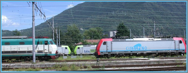 Loks verschiedener Unternehmen in Domodossola. Re 485 BLS, Re 484 Cisalpino und E 444 TrenItalia. (23.06.2007)