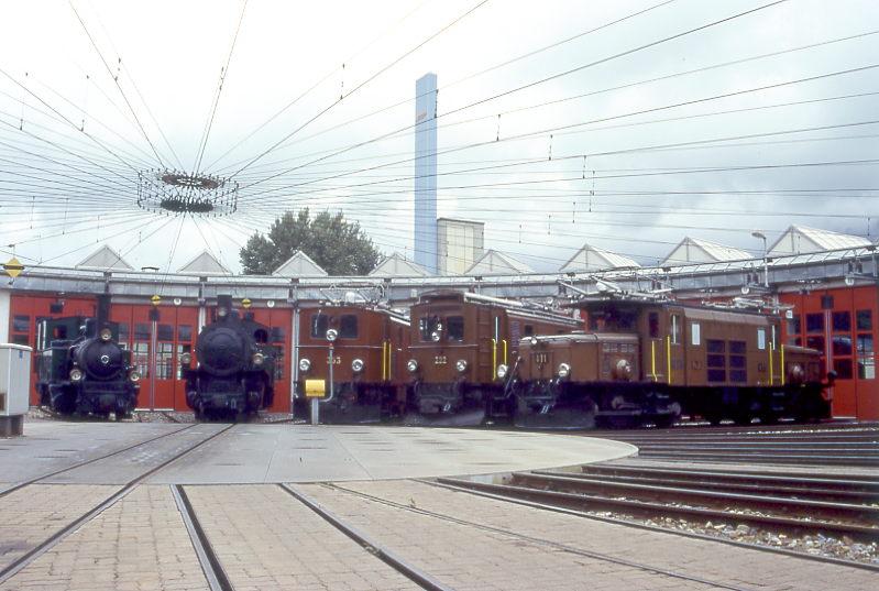 Loktypen-Aufstellung fr Teilnehmer der RHTIA TOURS Viertagesfahrt am 01.09.1996 beim Lokdepot Landquart, leider starke Bewlkung. Hinweis: 411er seit 2000a (Deutsches Museum Mnchen) Aufstellung von links nach rechts: Dampflok G 3/4 1 - G 4/5 107 - E-Lok Ge 4/6 353 - Ge 2/4 222 - Ge 6/6I 411
