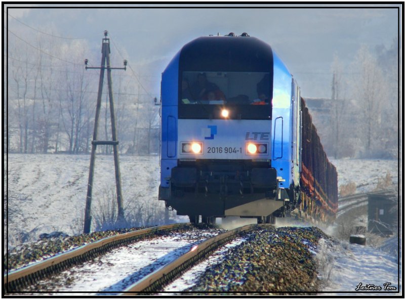 LTE Diesellok 2016 904 fhrt mit einen Kurzholzzug von Knittelfeld nach Pls.
Fotografiert in Fohnsdorf 27.12.2007