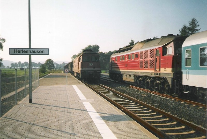 Ludmilla Begegnung im Bahnhof/Haltepunkt Herleshausen. Einmal ein GZ Richtung Eisenach und die Regionalbahn nach Bebra. Sommer 1993. Foto-Scan.