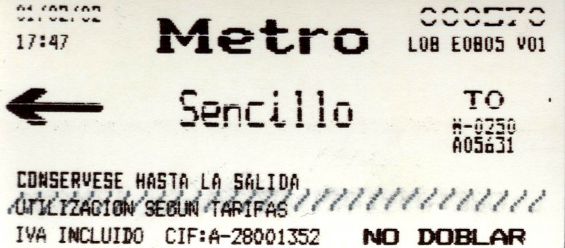 MADRID (Madrid/Provinz Madrid), 31.01.2002, ein Metro-Ticket für eine einfache Fahrt, gelöst an der Station Campo de las Naciones -- Fahrkarte eingescannt