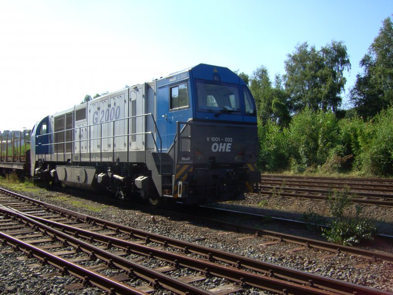 Mak V 1001033 (mit asymmetrischen Fhrerhusern) in Diensten der OHE wartet am 04.08.07 mit einem Holzzug im Bahnhof Arnsberg.
