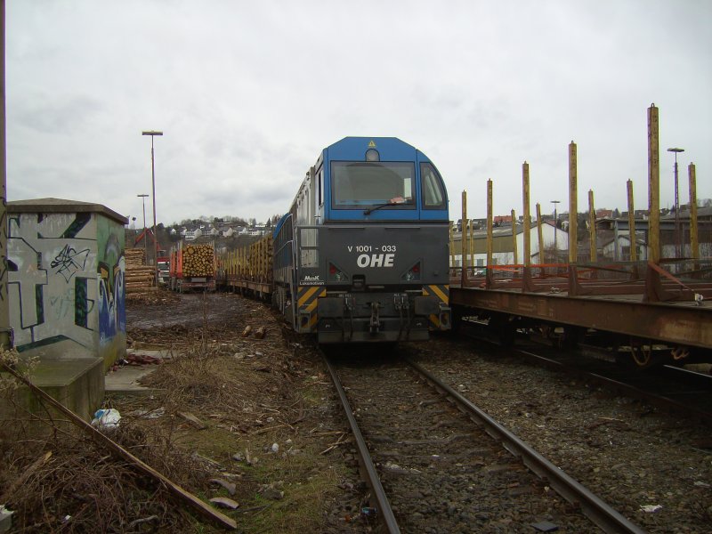 Mak V 1001033 (mit asymmetrischen Fhrerhusern) in Diensten der OHE wartet am 15.01.2008 bei der Holzverladung im Bahnhof Arnsberg.