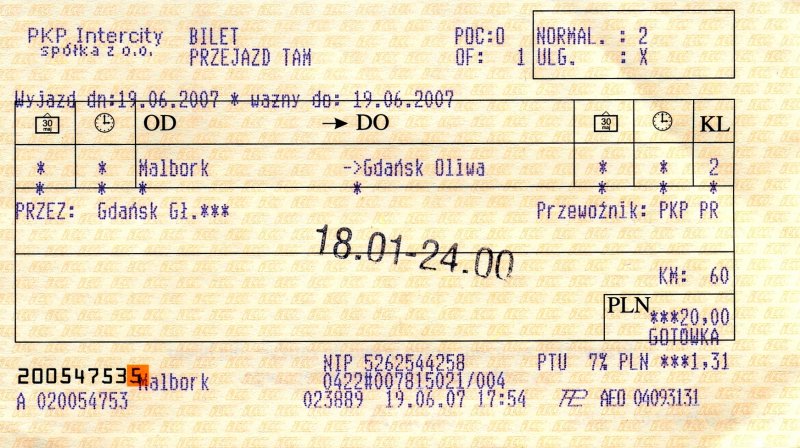 MALBORK (Woiwodschaft Pommern), 19.06.2007, Fahrkarte für zwei Personen von Malbork nach Gdańsk-Oliwa, gelöst im Bahnhof Malbork -- Fahrkarte eingescannt