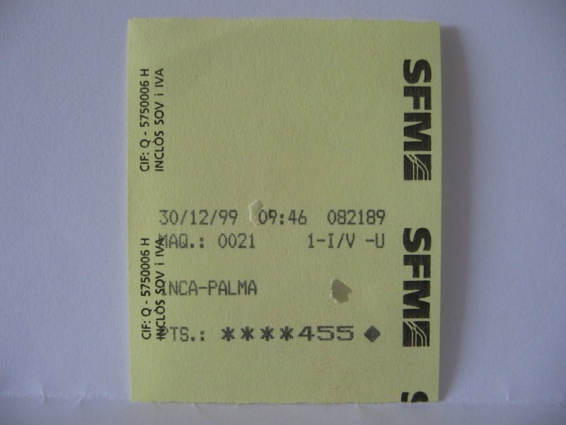 Mallorca,Ticket fr die Strecke Inca-Palma,30.12.1999.Preis 455 pts.