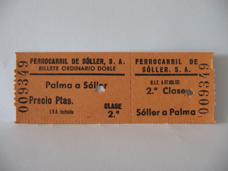 Mallorca,Ticket fr die Strecke Palma-Soller,Sommer 1997.Preis damals 760 ptas.