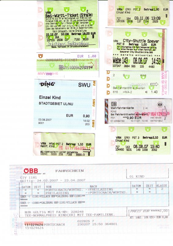 Man sieht hier ein kleiner Teil von 160 Fahrkarten, die Hauptschlich aus dem Rhein-Neckar-Raum sind.