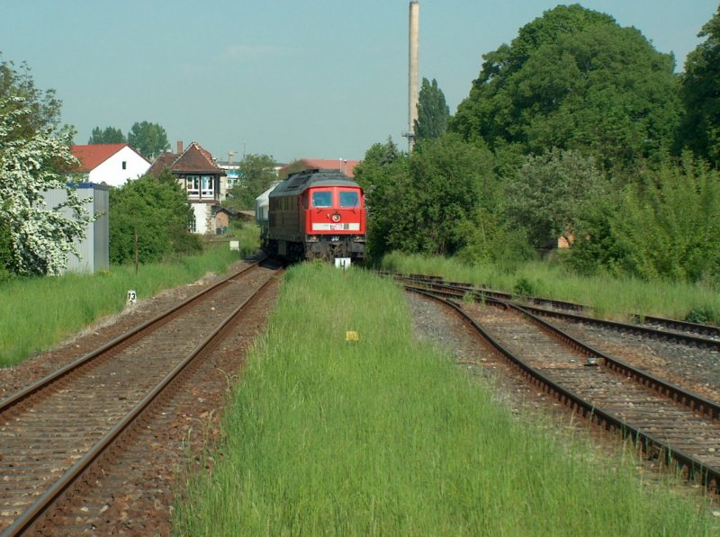 MEG 317 mit dem DGS 94624 von Karsdorf (Zementwerk) nach Rostock (Seehafen), bei der Einfahrt in Laucha (Unstrut); 13.05.2008 
