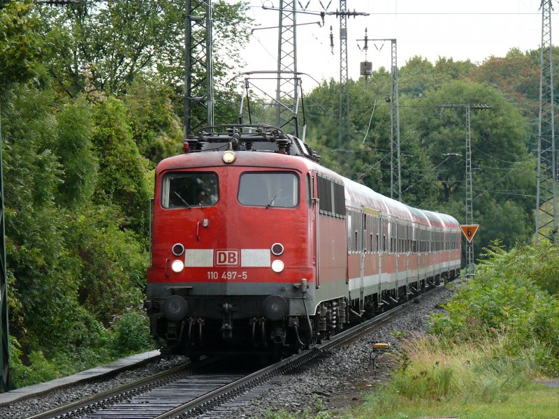 Meine einzige Bgelfalte an diesem Tag. 110 497-5 fhrt mit ihrem Zug in Kln-West ein. Aufgenommen am 05/09/2009.