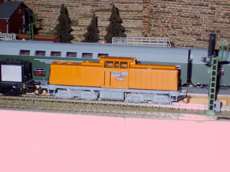 Meine Lieblingslok auf der Anlage.Die BR 111 der DR zieht auf meiner Anlage immer den Getreidezug.Sie wurde umbeschriftet von DR auf Erfurter Industriebahn.Als 2 liebste Lok ist die BR 106 dann kommen die anderen 110er.