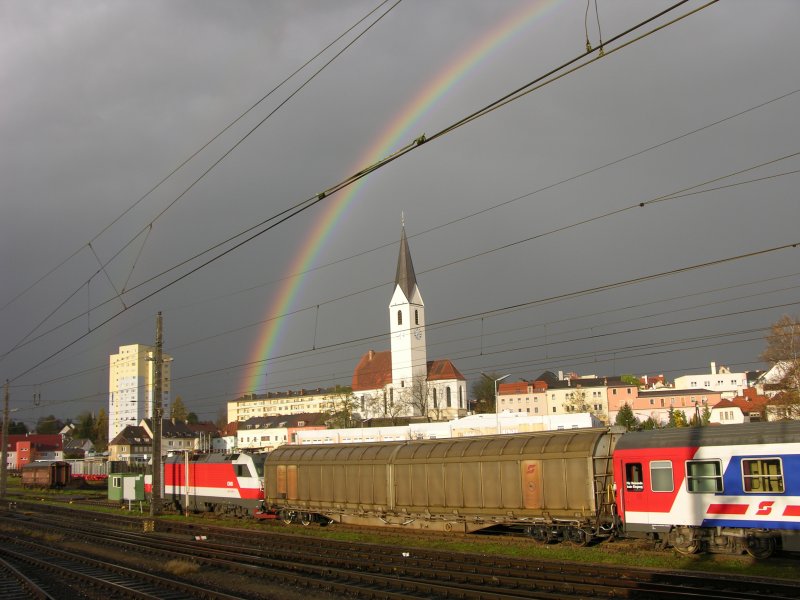 Messzug mit 1014 in Kd vor und nach einem heftigen Regenschauer. Messfahrt fr Gterwagen mit neuen Drehgestellen fr hhere Achslasten. 30.10.2008