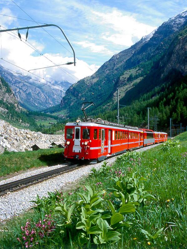 MGB BVZ REGIONALZUG 135 von Brig nach Zermatt am 21.05.1997 im Bergsturzgebiet Randa mit Zahnrad-Doppeltriebwagen ABDeh 8/8 2041 - AS 2014 - A 2061 - B 2272. Hinweis: Die groblttrigen grnen Pflanzen im Vordergrund ist Gelber Enzian. Der Zug befindet sich auf der neu gebauten Bergsturzumfahrungsstrecke. Der Bergsturz von Randa fand am 18.04.1991 und am 19.05.1991 statt. Etwa 30 Mio. m Felsmassen strzten zu Tal und verschtteten die einzige Zufahrtsstrae und Bahnlinie nach Zermatt samt den Weiler Lrch. Die Schuttmassen sperrten den Abfluss der Matter und der oberhalb der Bergsturzstelle liegende untere Ortsteil Randa wurde am 16.06.1991 berschwemmt. Die Felsmassen begruben 35 Schafe, 7 Pferde und 33 Landwirtschaftsgebude und Ferienhuser unter sich. Randa liegt im tiefsten Taleinschnitt Europas etwa 3100m tief zwischen Dom und Weisshorn.
