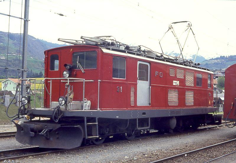 MGB exFO - HGe 4/4I 31 am 25.05.1991 in DISENTIS - Zahnrad-LOKOMOTIVE - bernahme 31.01.1941 - SLM3723 - 911 KW - Gewicht 48,60t - LP 14,20m - zulssige Geschwindigkeit 55/30Z km/h - ab 1995a
