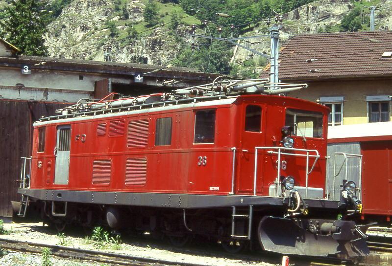 MGB exFO - HGe 4/4I 36 am 17.06.1995 in BRIG - Zahnrad-LOKOMOTIVE - Baujahr 1948 - SLM3975 - 911 KW - Gewicht 48,60t - LP 14,20m - zulssige Geschwindigkeit 55/30Z km/h

