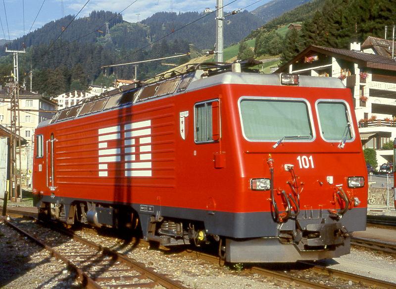MGB exFO - HGe 4/4II 101 Name:VILLE DE SION/SITTEN am 24.08.1997 in DISENTIS - Zahnrad-LOKOMOTIVE - Baujahr 1986 - SLM5284/BBC - 1836 KW - Gewicht 64,00t - LP 14,78m - zulssige Geschwindigkeit 90/Z30 km/h - Hinweis: noch alte Lackierung

