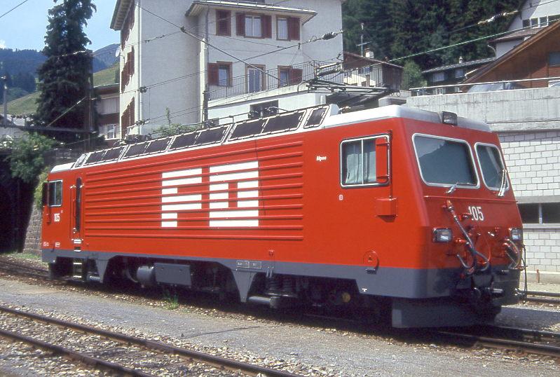 MGB exFO - HGe 4/4II 105 Name: ALPSU am 06.06.1993 in DISENTIS - Zahnrad-LOKOMOTIVE - bernahme 19.12.1986 - SLM5283/BBC - 1836 KW - Gewicht 64,00t - LP 14,78m - zulssige Geschwindigkeit 90/Z30 km/h -  Mutation: ex SBB/Brnig HGe 4/4II 1952 - 10/1990 an FO - Hinweis: noch alte Lackierung

