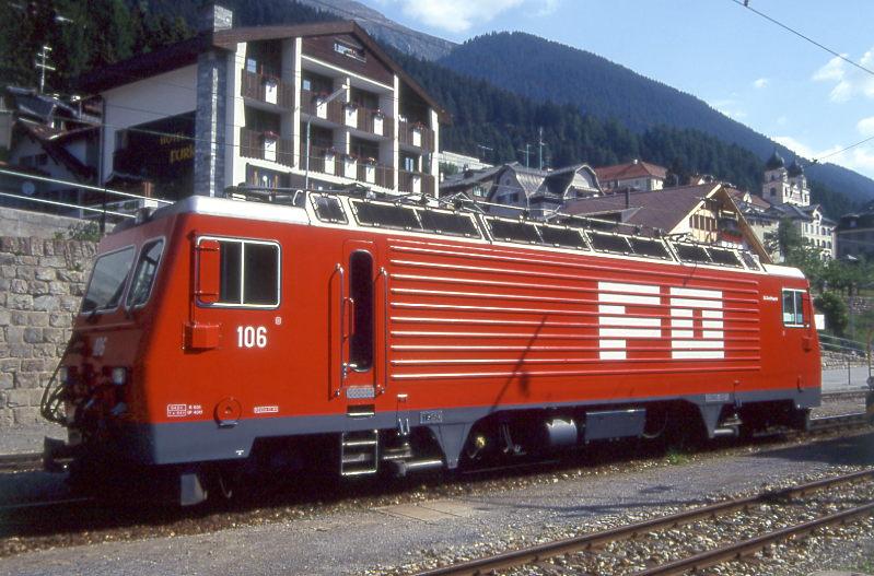MGB exFO - HGe 4/4II 106 Name: ST.GOTTHARD am 06.06.1993 in DISENTIS - Zahnrad-LOKOMOTIVE - bernahme 04.07.1989 - SLM5392/BBC - 1836 KW - Gewicht 64,00t - LP 14,78m - zulssige Geschwindigkeit 90/Z30 km/h - Hinweis: noch alte Lackierung
