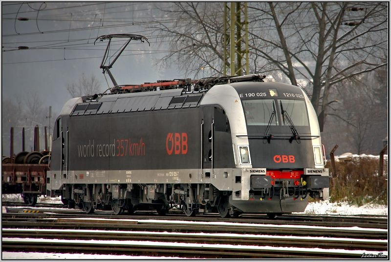 Mit der E-Lok 1216 025  World record  ex 1216 050 wir heute einen besonderen Gast in Knittelfeld.Anschlieend fuhr sie als Lokzug retour nach Villach.
30.11.2008