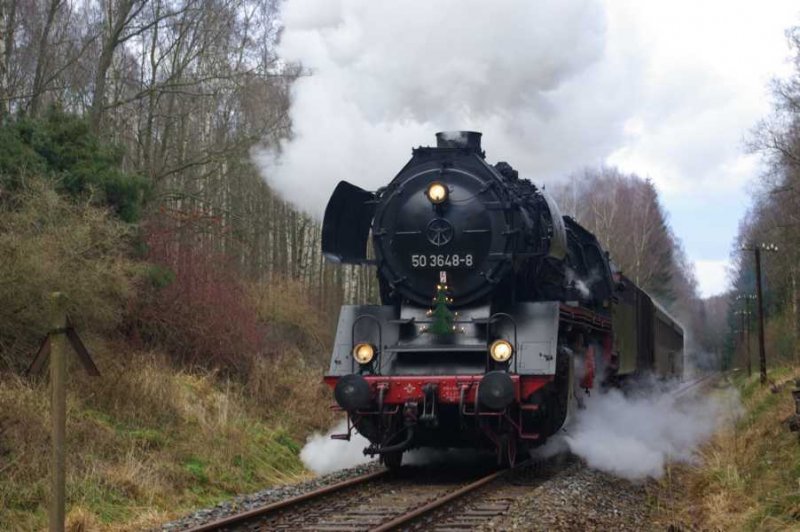 Mit einen Sonderzug fhrt die 50 3648 von Nossen nach Freiberg durch den Zellwald .(09.12.07)