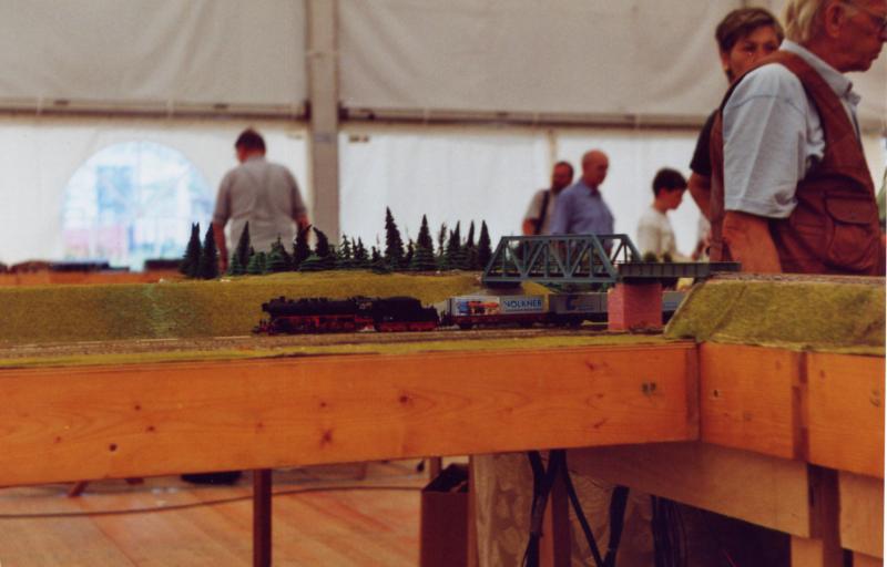 Modellbahn-Ausstellung des MEC Wismar anllich der landesgartenschau 2002 in Wismar
ein Dampflok bespannter Containerzug unterquert ein Brckenbauwerk