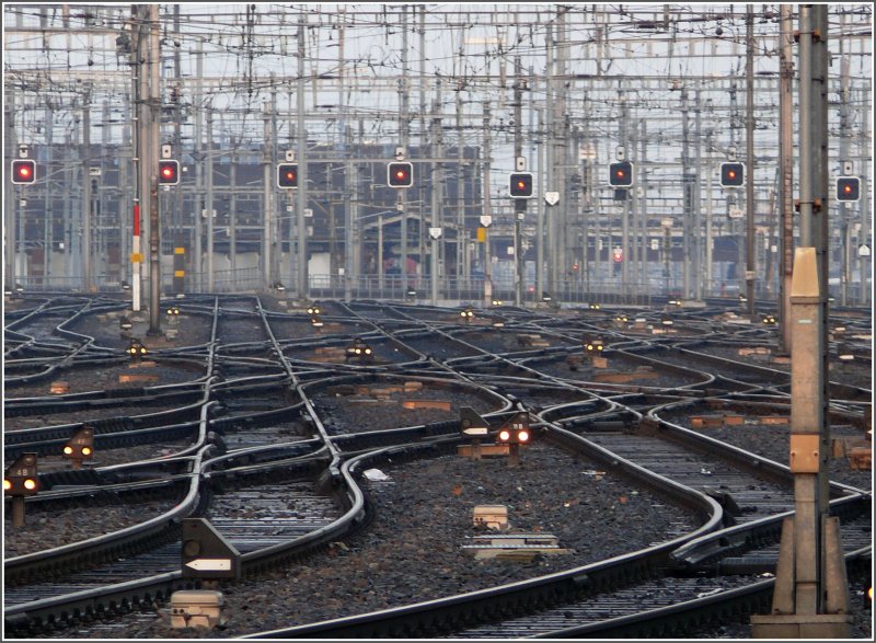 Momente, in denen im Zrcher Bahnhofsvorfeld keine Zge zu sehen sind, sind usserst rar, wie z.B heute morgen um 08.30 Uhr. (15.01.2008)