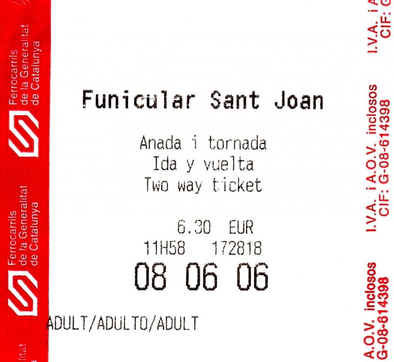 MONISTROL DE MONTSERRAT (Katalonien/Provinz Barcelona), 08.06.2006, Hin- und Rückfahrtkarte für die Zahnradbahn Funicular Sant Joan, die oberhalb des Klosters Montserrat fährt -- Fahrkarte eingescannt