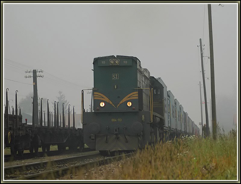 Morgennebel in Slowenien. 664-113 mit ihrem Gterzug von Pragersko kommend am 12.10.2006 bei der Durchfahrt in Moskanjci Richtung Hodos.
