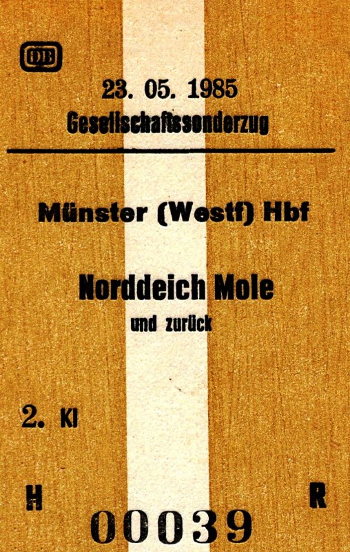 MÜNSTER, 23.05.1985, für einen Sonderzug nach Norddeich Mole und zurück ausgestellte Fahrkarte -- Fahrkarte eingescannt