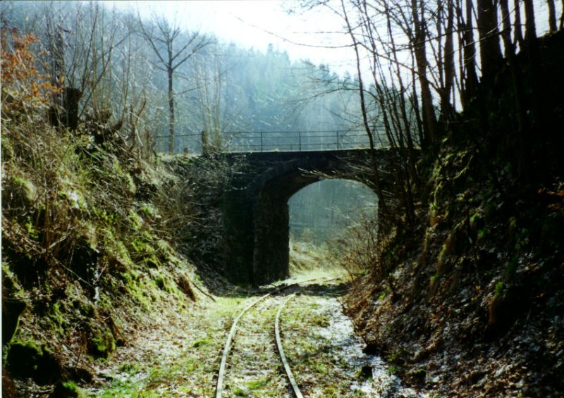 Nach dem Bahnhof Wilischthal, ber die Zschopaubrcke und dem Bahnbergang ber die Staatsstrae nach Gelenau, fhrte die Wilischthalbahn unter dieser schnen Bruchsteinbrcke hindurch, 03.04.01