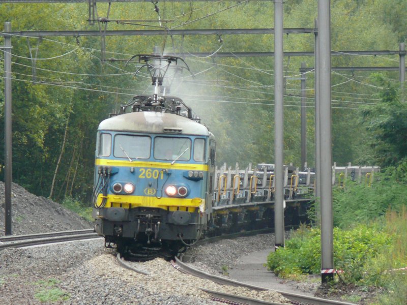 Nach lngerem Regen ziehen 2601 und 2619, die hier einen Zug mit Stahlplatten nach Lige-Kinkempois bringen, eine Gischtfahne hinter sich her. Aufgenommen am 05/10/2009 in Bassenge.