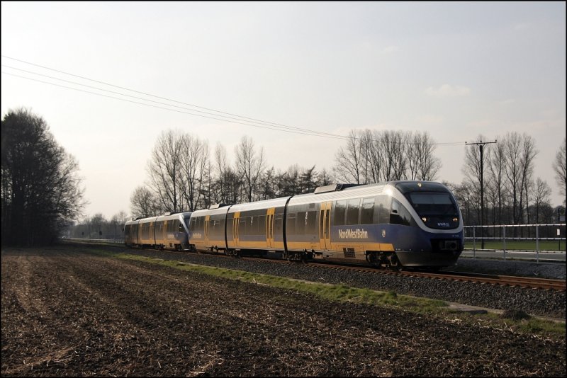 Nachdem der Lehrgangstag beendet war, wurde der Streckenabschnitt zwischen Warendorf und Beelen ins Visier genommen: Am 01.04.2009 konnten VT747 und VT716 als RB67 (NWB81556)  DER WARENDORFER , M�nster(Westf)Hbf - Bielefeld Hbf, abgelichtet werden. Zugverfolgungen sind hier unm�glich...
