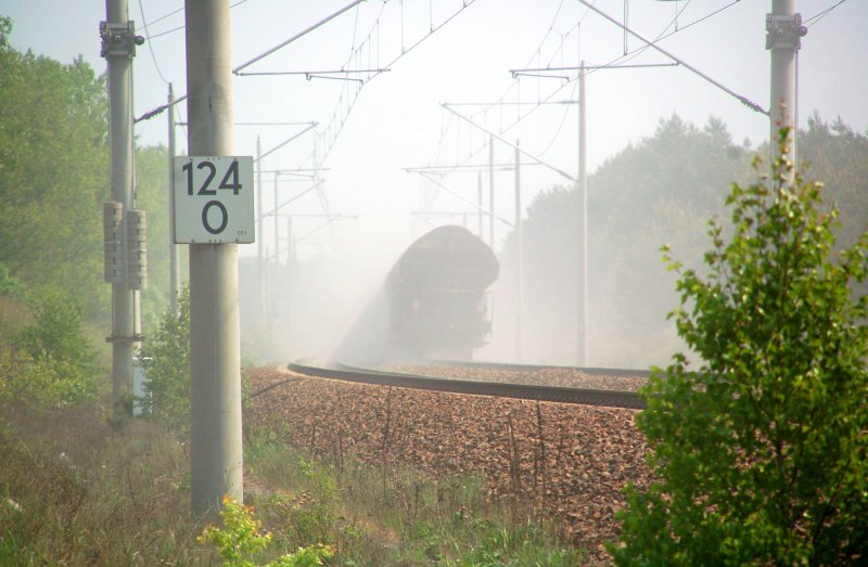 Nachschuss auf den Gterzug, welcher eine starke Staubwolke mit sich zog. Fotografiert am 03.05.09 in Muldenstein.