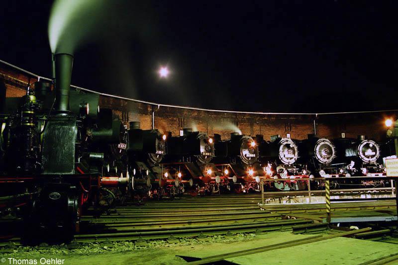 N�chtliche Fotoparade im Bw Chemnitz-Hilbersdorf im Sep 2000
v.l.n.r.: 89 6009, 41 1225, 50 3628, 50 3501, 50 3616, 50 3648,
51 8149, 52 8039 u. 52 4924