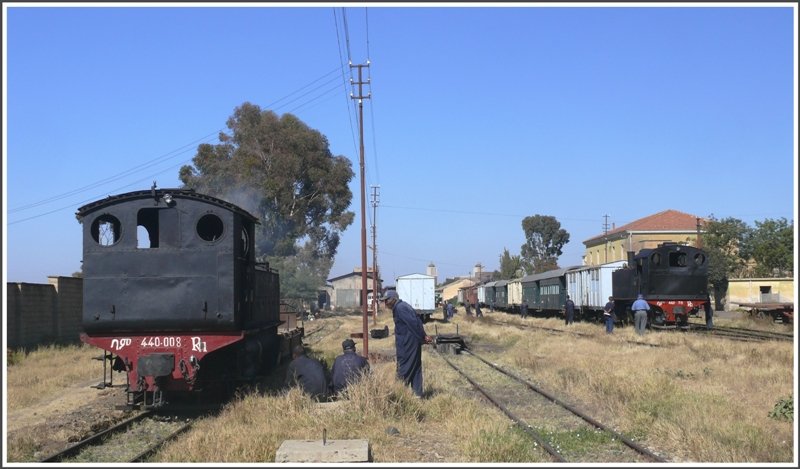 Neben dem FIAT Railcar gibts momentan vier betriebsfhige Mallet und zwei kleineren zweiachsigen Loks der BR 202. Zwei Mallets 440.008 und 442.59 sind hier im Bahnhof Asmara zu sehen. (28.10.2008)