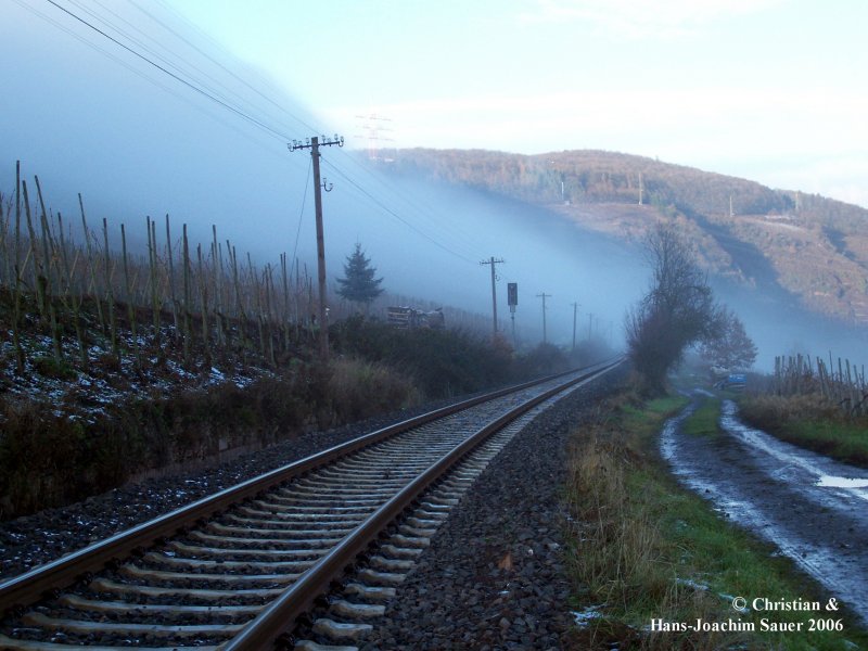 Nebenbahn nach Traben-Trarbach kurz vor der Einfahrt in den Bf Reil an einem nebeligen Nachmittag. (Dezember 2005)