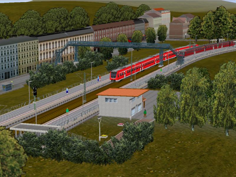 Neuerlicher Screenshot einer fiktiven Anlage. Zu sehen hier eine Station des Nahverkehrs einer 50x2km-Anlage ohne konkretem Vorbild.