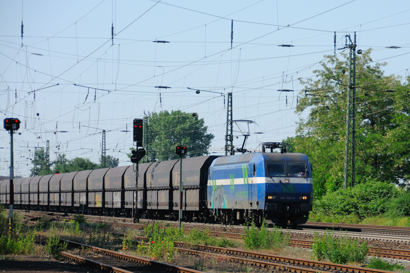NIAG Lok 14 (481 004-0) zieht einen eigenen NIAG-Falns-Ganzzug ber die KBS 650 Richtung rechte Rheinstrecke weiter nach Gremberg. Aufgenommen Ende Mai bei Bickenbach an der Bergstrasse.