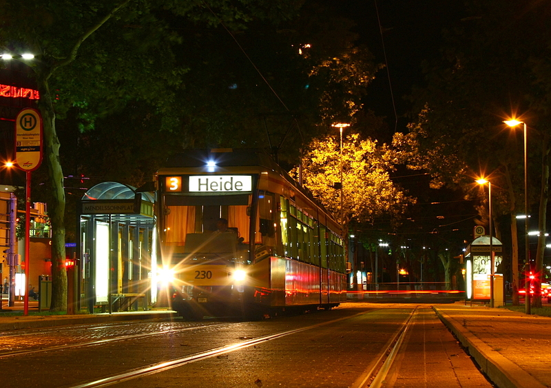 Niederflurwagen 230 steht am Abend des 3.Septembers an der Haltestelle Mendelssohnplatz.