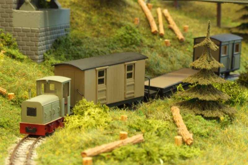 Ns2 mit Bauzug auf der Strecke...
Die Fahrzeuge (Spur HOf)sind alles Eigenbauten aus Pappe. Das Gleismaterial ist von der Spur Z  entfremdet . Fr die Fahrwerke spendeten Z-Gterwagen ihr Unterteil. Leider ist die Lok auch nur rollfhig.... 