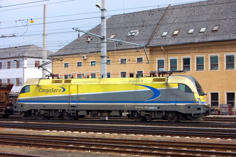 Nur durch ihr charakteristisches Singen aufmerksam geworden zieht  Cargoserv  ES 64 U2-081 einen schweren Eisenerzzug durch den Bahnhof Linz. Elegant ihre Lackierung und ihre saubere Erscheinung...