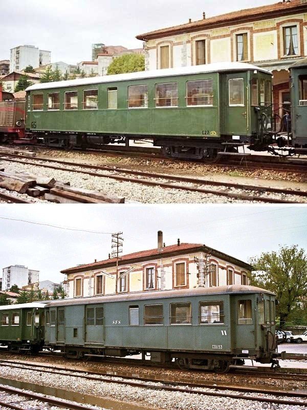 Oben: Wagen C 27; unten: Wagen CDU 53 im Bahnhof Tmpio-Pausnia (11. September 1989)