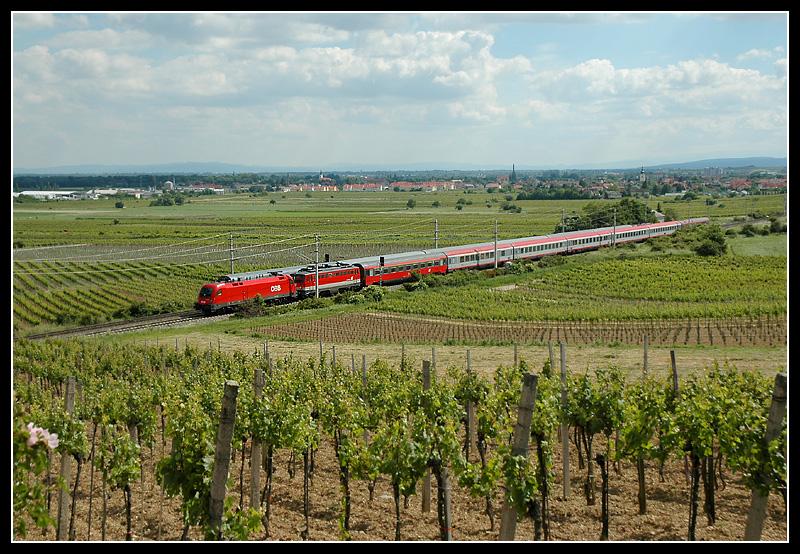 BB EuroCity  556  sterreichisches Umweltzeichen  von Graz nach Wien, am 10.6.2006 kurz nach Pfaffsttten. Dienstag - Samstag wird mit diesem Zug im Normalfall eine 1142 nach Wien rckbefhrt. 