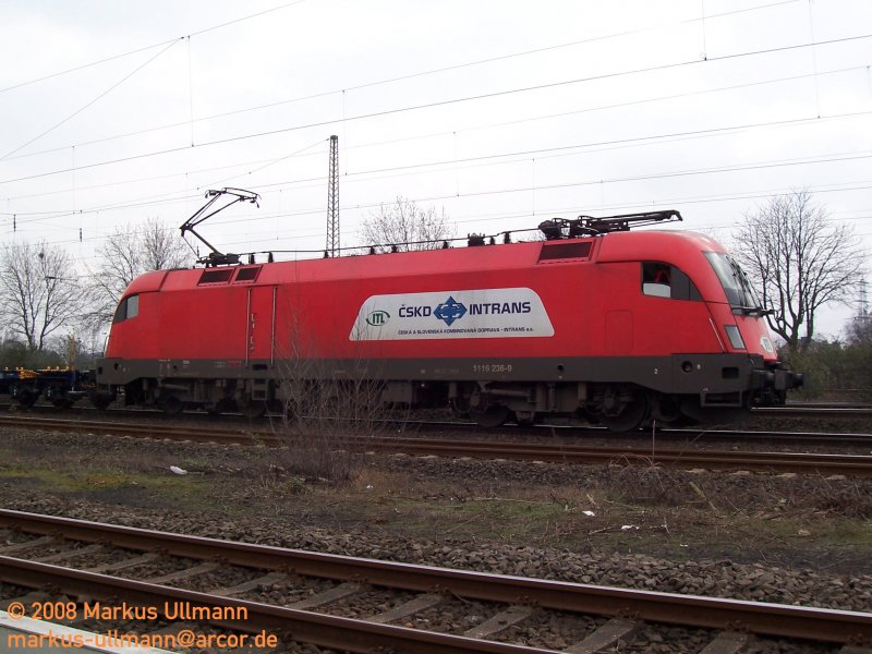 BB-Taurus 1116 236 - 9 der ITL Eisenbahngesellschaft mbH mit Gterzug am 29.02.2008 in Oberhausen-Osterfeld Sd. Ein Glckstreffer, da ich nur zufllig meine Kamera dabei hatte.