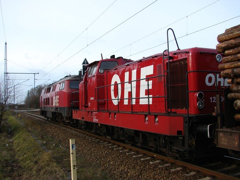 OHE 200087 (ex. DB 216 121) und OHE 120068 bei der Ausfahrt aus Martensdorf in Richtung Rostock. (05.01.07)