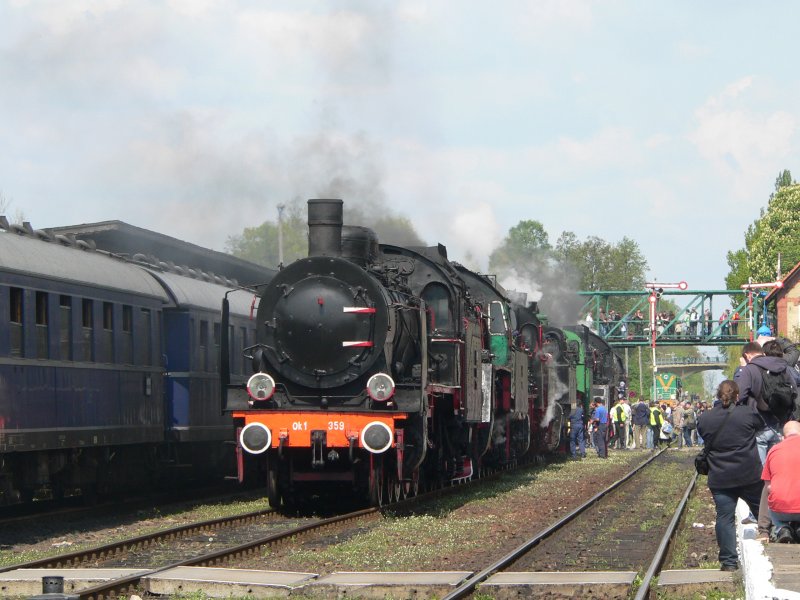 Ok1 359 und weitere Dampfloks auf der Dampflokparade in Wolsztyn. 3.5.2008