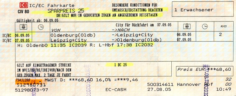 OLDENBURG, 06.09.2005, Fahrkarte von Oldenburg/Oldb. nach Leipzig und zurück, gelöst am 27.08.2005 am Schalter in Hannover Hauptbahnhof -- Fahrkarte eingescannt